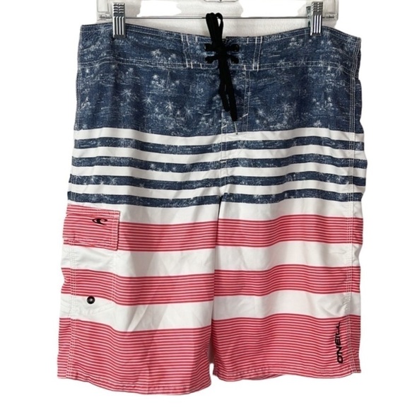 O'Neill Cargo Shorts Men's Size‎ 32 Red White Blue Lace Up Patriotic Inseam 10" - Picture 1 of 13